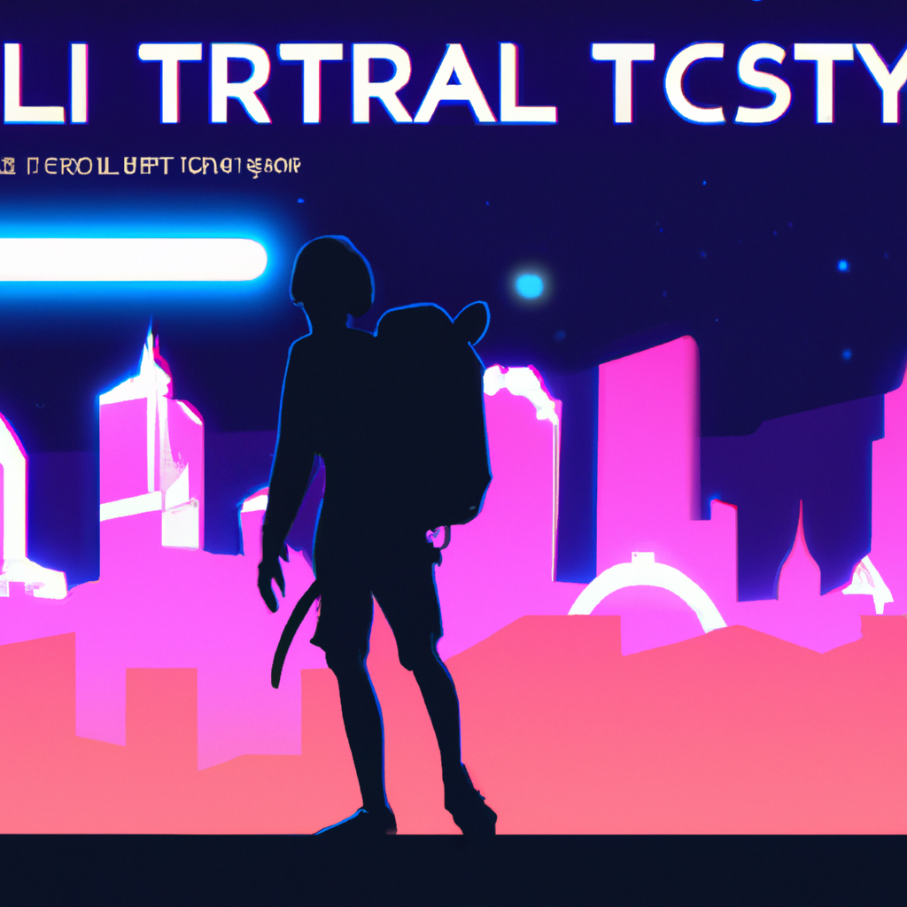 neon skyline with a backpacker, retro poster style